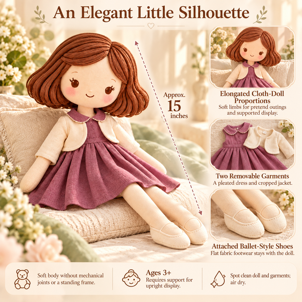 MIRQVORA™ Esme Fabric Doll — 15-Inch Soft Fashion Rag Doll with Pleated Dress, Cropped Jacket & Embroidered Features