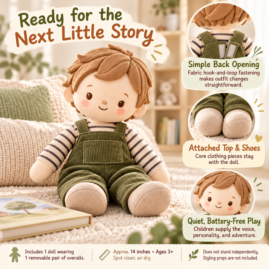 MIRQVORA™ Milo Soft Rag Doll — 14-Inch Cloth Companion with Corduroy Overalls, Embroidered Face & Attached Shoes