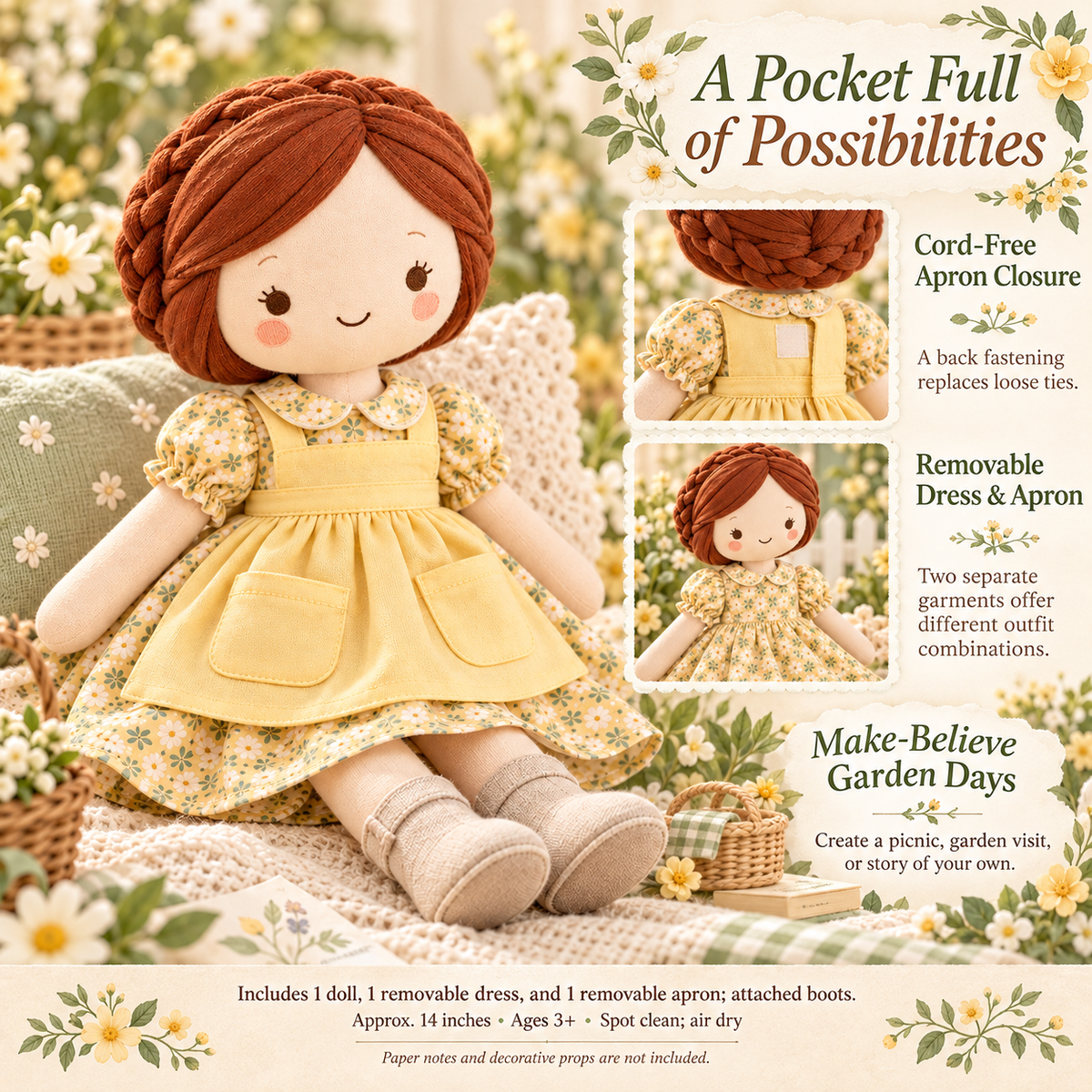 MIRQVORA™ June Cloth Doll — 14-Inch Soft Rag Doll with Pocket Apron, Floral Dress & Fabric Braid