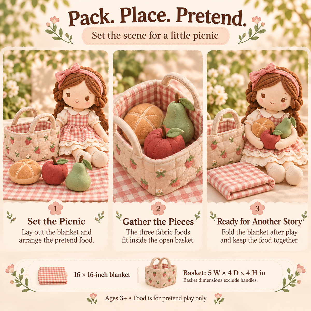 MIRQVORA™ Maren Picnic Doll Set — 14-Inch Cloth Rag Doll with Dress, Fabric Basket, Play Blanket & Pretend Food