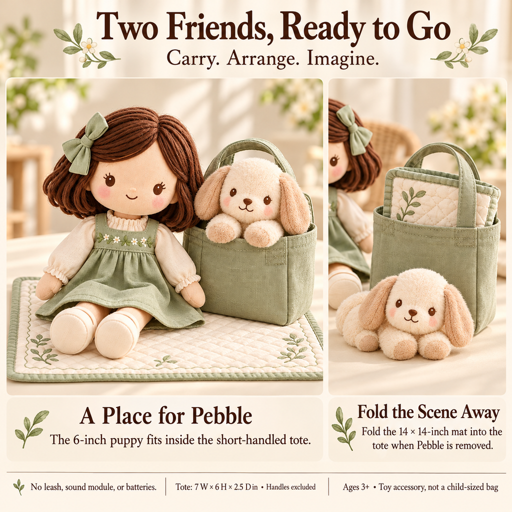 MIRQVORA™ Wren & Pebble Doll Gift Set — 13-Inch Cloth Doll with 6-Inch Puppy Plush, Fabric Tote & Play Mat