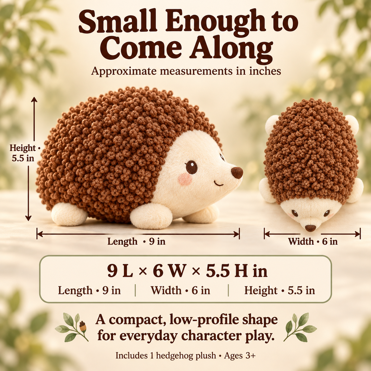 MIRQVORA™ Pip Hedgehog Plush — 9-Inch Stuffed Woodland Animal with Loop-Texture Back & Embroidered Face