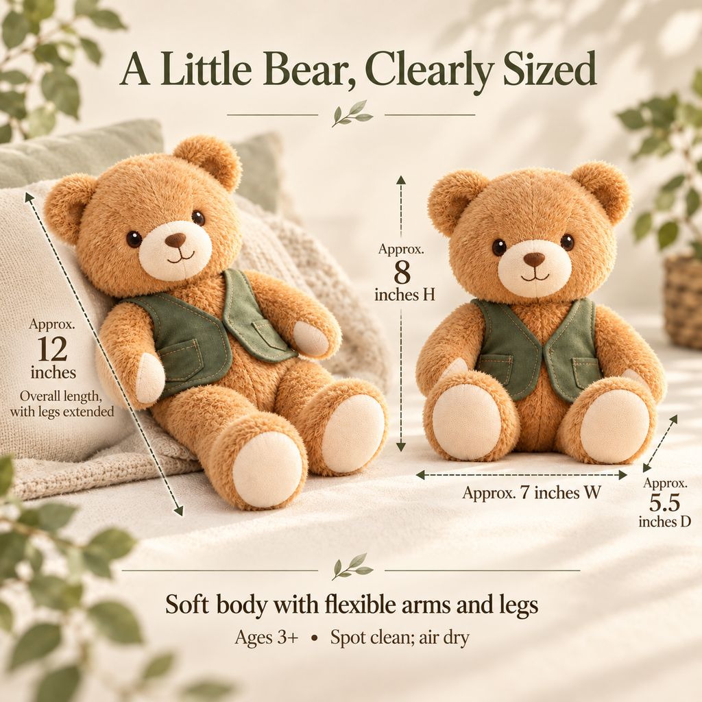 MIRQVORA™ Bram Bear Plush — 12-Inch Stuffed Teddy Bear with Textured Muzzle, Curved Arms & Attached Vest