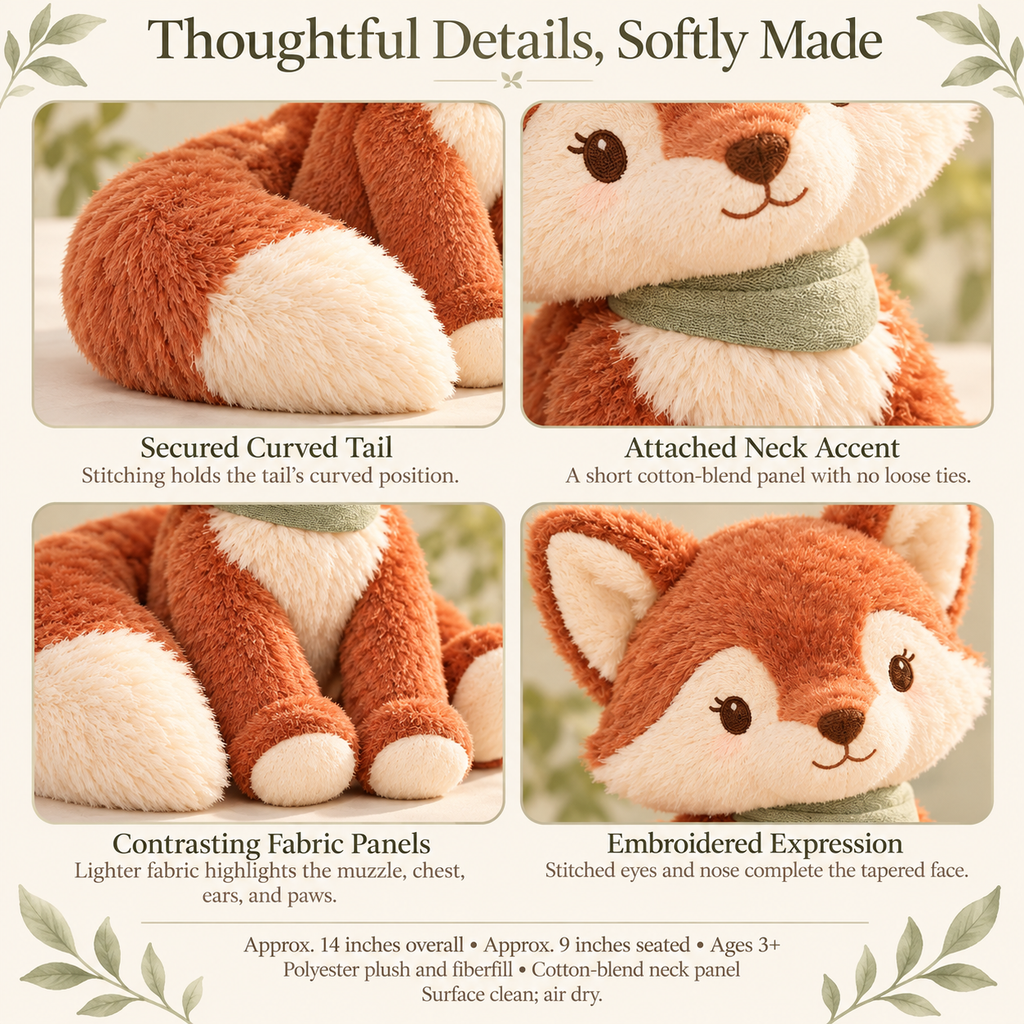 MIRQVORA™ Sorrell Fox Plush — 14-Inch Stuffed Animal with Curved Tail, Embroidered Features & Attached Neck Detail