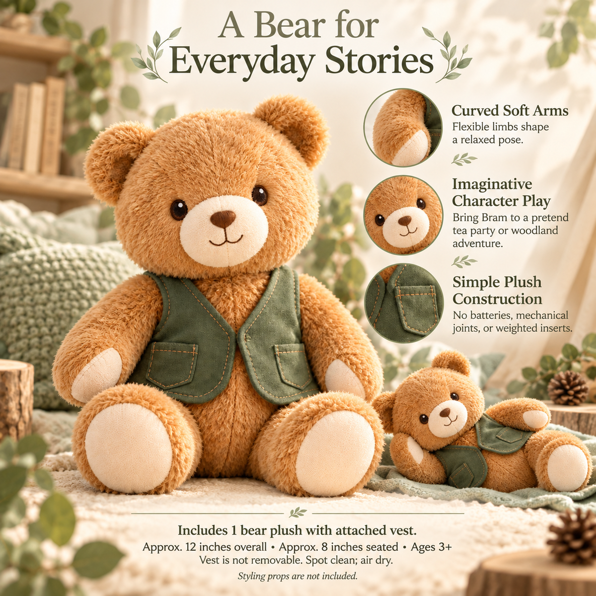 MIRQVORA™ Bram Bear Plush — 12-Inch Stuffed Teddy Bear with Textured Muzzle, Curved Arms & Attached Vest