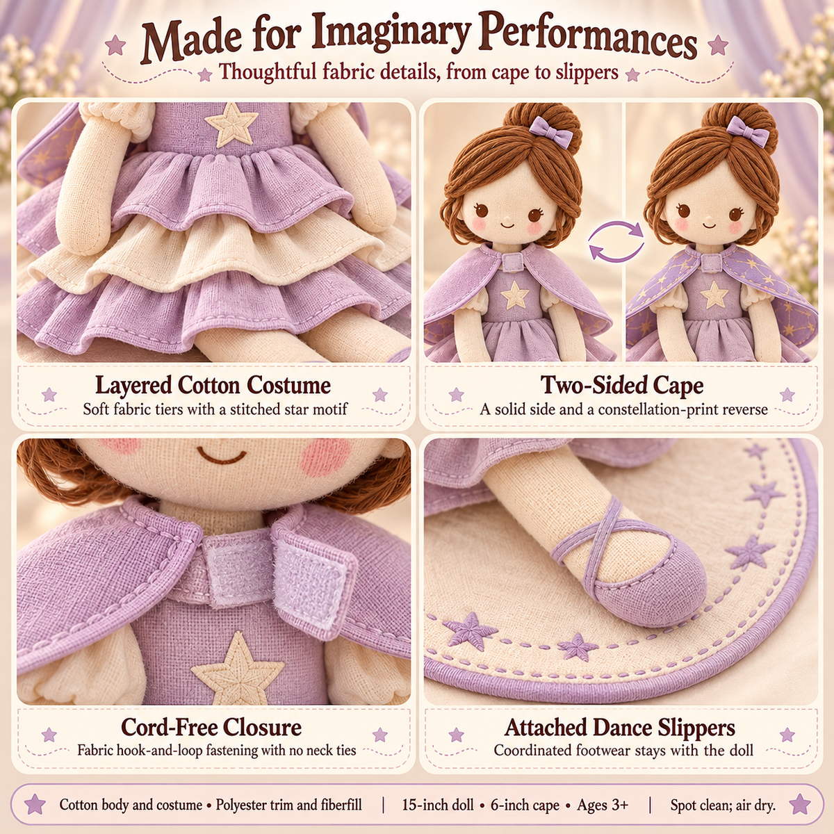 MIRQVORA™ Lumi Star Dancer Doll Set — 15-Inch Soft Cloth Doll with Layered Costume, Reversible Cape & Fabric Stage Mat