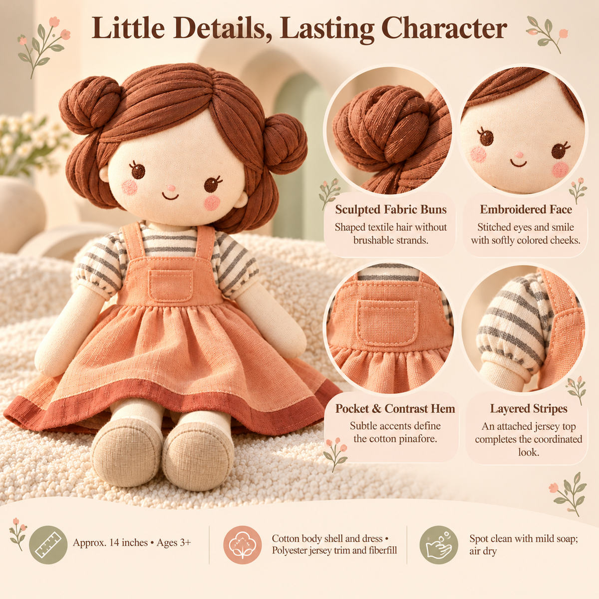 MIRQVORA™ Nell Soft Cloth Doll — 14-Inch Rag Doll with Embroidered Face, Pinafore Dress & Fabric Hair