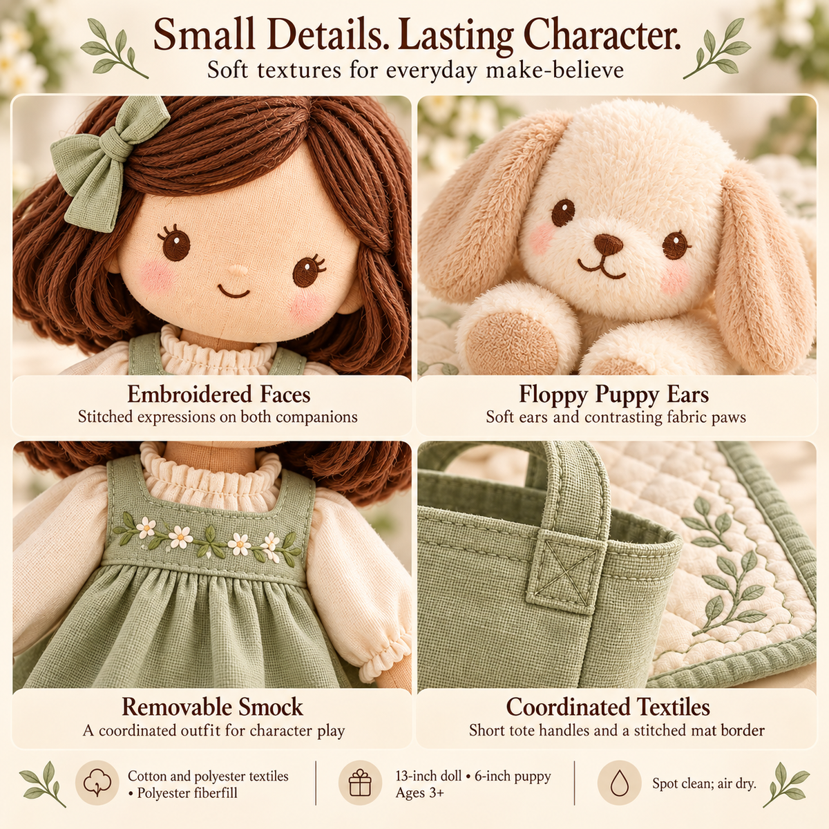 MIRQVORA™ Wren & Pebble Doll Gift Set — 13-Inch Cloth Doll with 6-Inch Puppy Plush, Fabric Tote & Play Mat