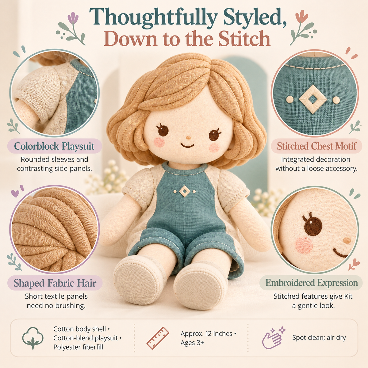 MIRQVORA™ Kit Mini Cloth Doll — 12-Inch Soft Rag Doll with Colorblock Playsuit, Fabric Hair & Embroidered Face