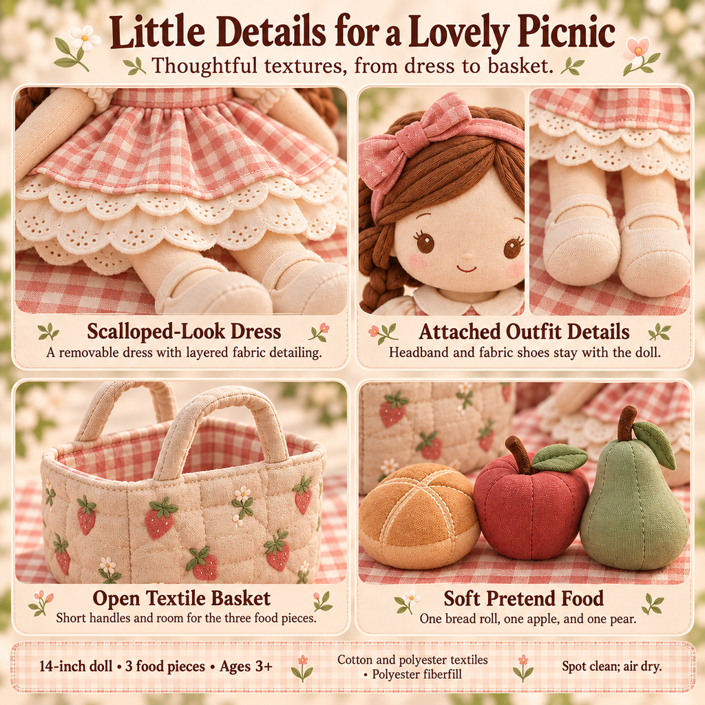 MIRQVORA™ Maren Picnic Doll Set — 14-Inch Cloth Rag Doll with Dress, Fabric Basket, Play Blanket & Pretend Food