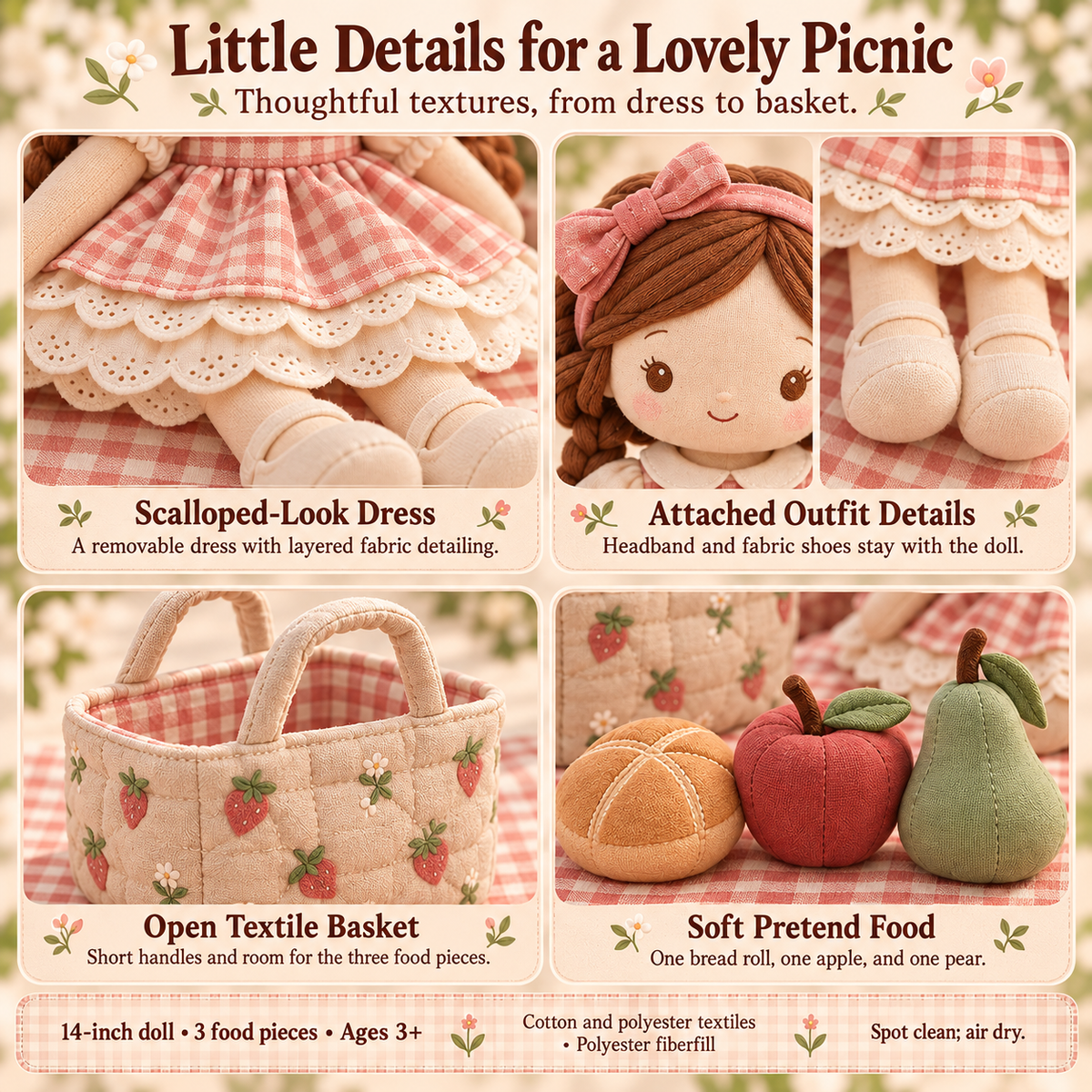 MIRQVORA™ Maren Picnic Doll Set — 14-Inch Cloth Rag Doll with Dress, Fabric Basket, Play Blanket & Pretend Food