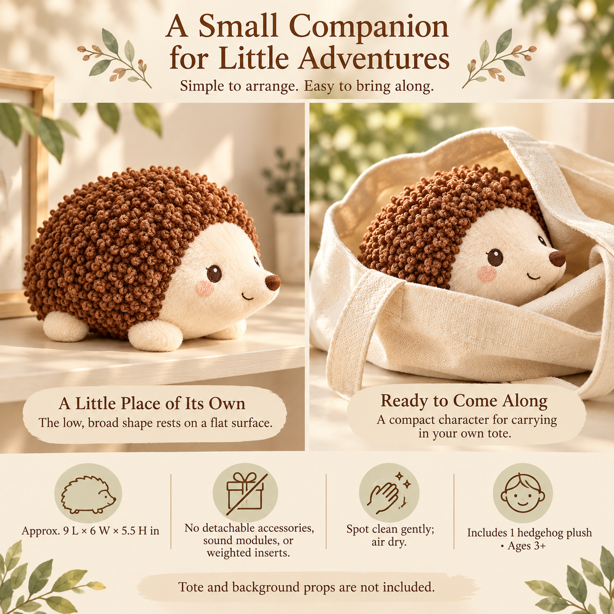 MIRQVORA™ Pip Hedgehog Plush — 9-Inch Stuffed Woodland Animal with Loop-Texture Back & Embroidered Face