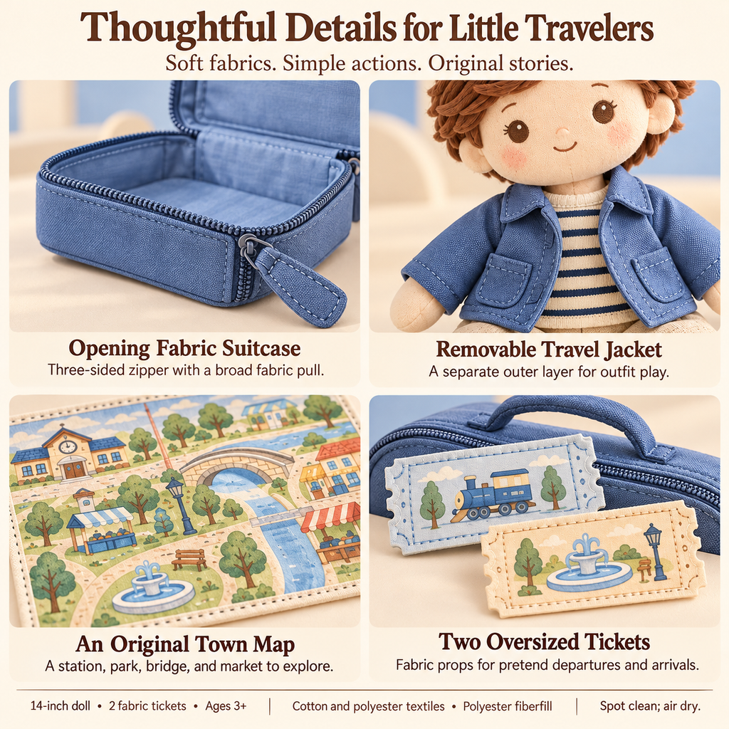 MIRQVORA™ Theo Travel Doll Set — 14-Inch Soft Cloth Doll with Jacket, Fabric Suitcase, Play Map & Oversized Tickets