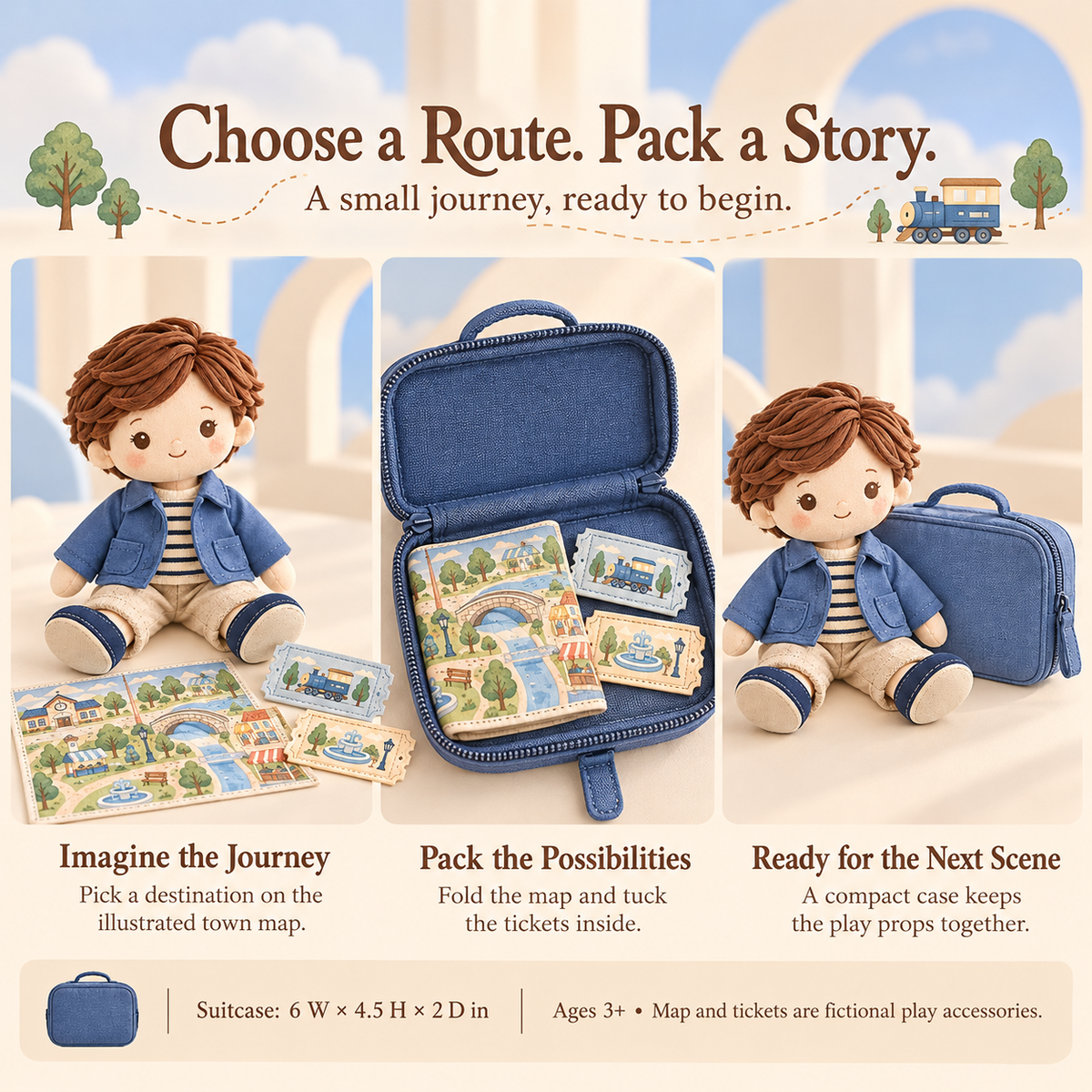 MIRQVORA™ Theo Travel Doll Set — 14-Inch Soft Cloth Doll with Jacket, Fabric Suitcase, Play Map & Oversized Tickets