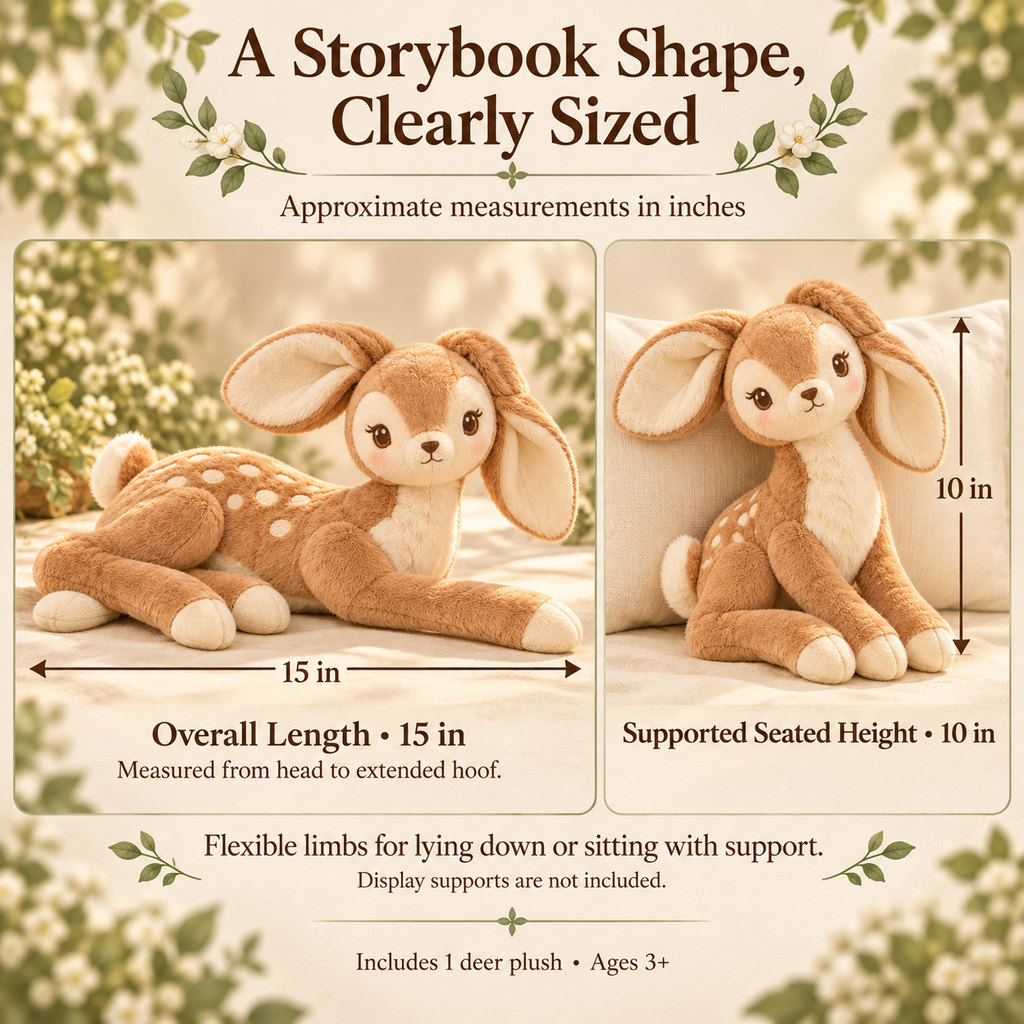 MIRQVORA™ Fable Deer Plush — 15-Inch Stuffed Woodland Animal with Embroidered Spots, Leaf-Shaped Ears & Soft Legs