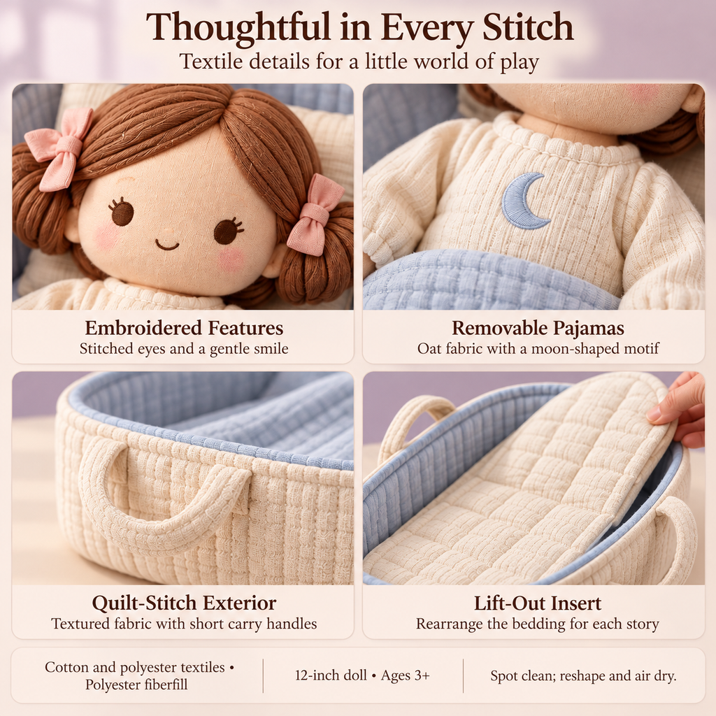 MIRQVORA™ Alba Doll & Carry-Cot Set — 12-Inch Soft Cloth Doll with Fabric Play Cot, Pretend Bedding & Pajama Outfit