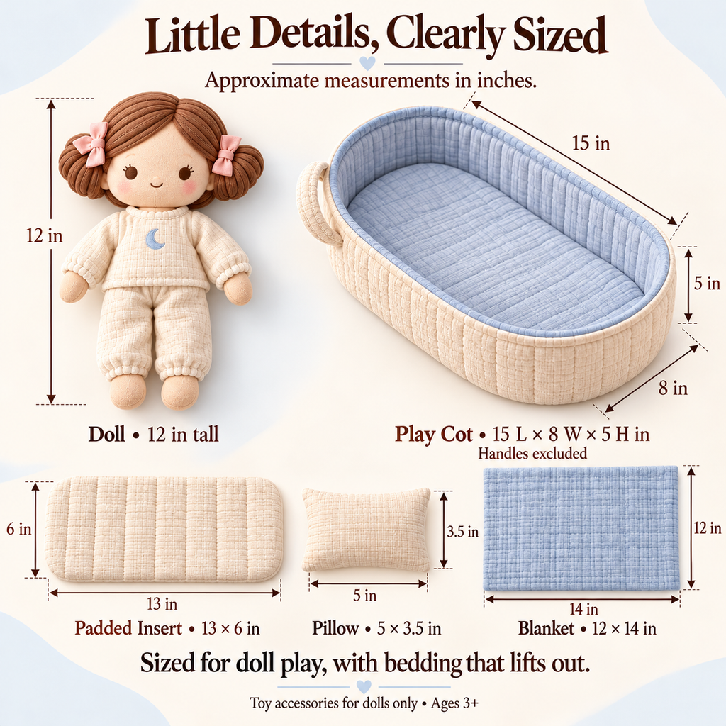 MIRQVORA™ Alba Doll & Carry-Cot Set — 12-Inch Soft Cloth Doll with Fabric Play Cot, Pretend Bedding & Pajama Outfit