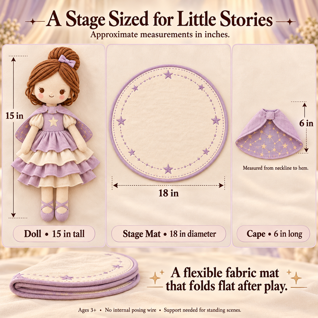 MIRQVORA™ Lumi Star Dancer Doll Set — 15-Inch Soft Cloth Doll with Layered Costume, Reversible Cape & Fabric Stage Mat