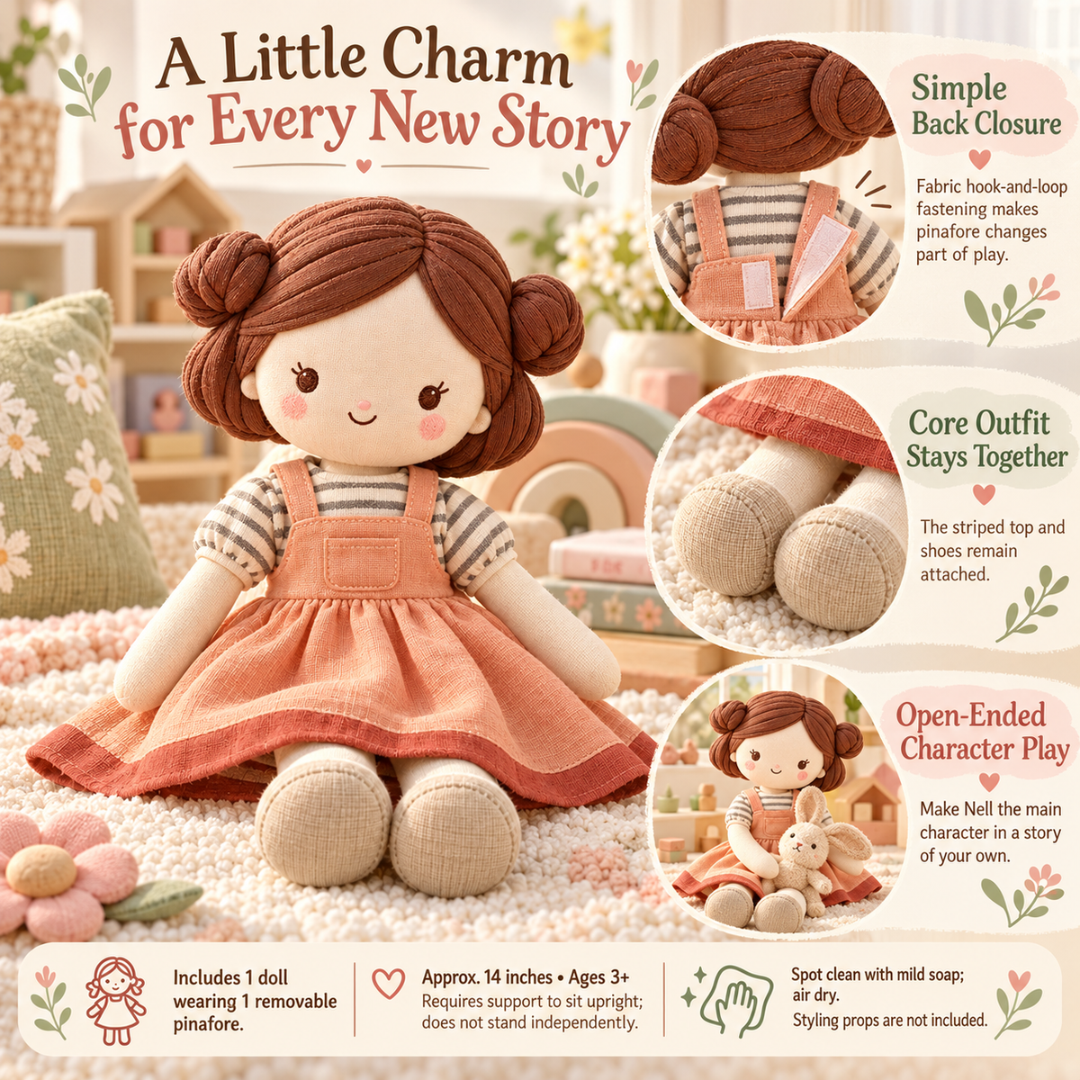 MIRQVORA™ Nell Soft Cloth Doll — 14-Inch Rag Doll with Embroidered Face, Pinafore Dress & Fabric Hair