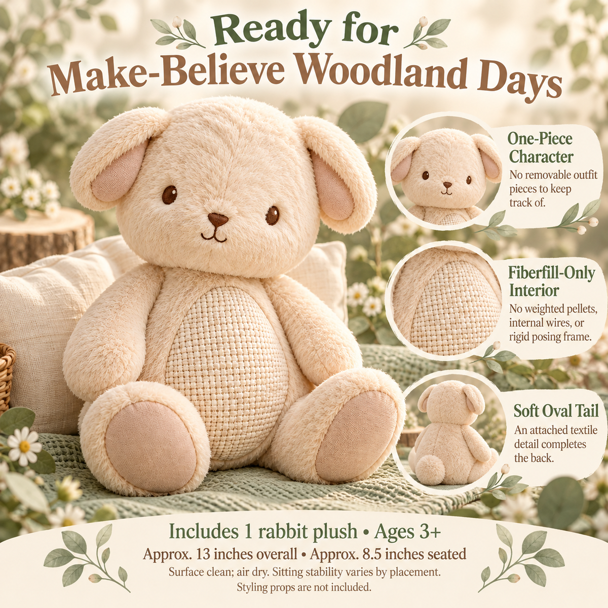 MIRQVORA™ Hushwick Rabbit Plush — 13-Inch Stuffed Bunny with Folded Ears, Embroidered Face & Textured Belly Panel