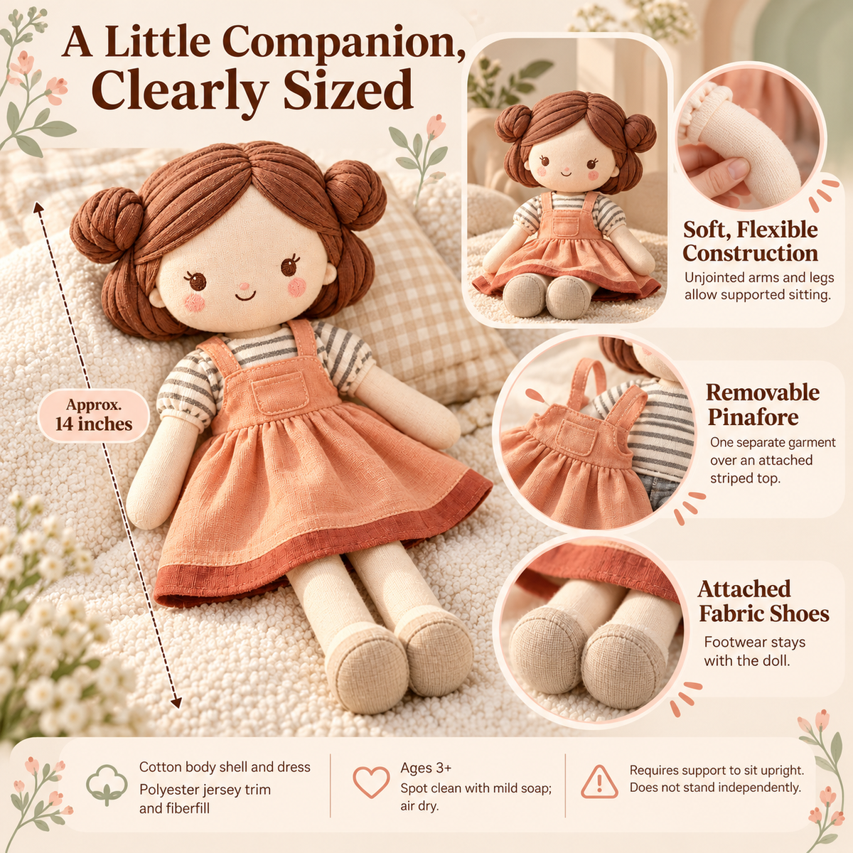 MIRQVORA™ Nell Soft Cloth Doll — 14-Inch Rag Doll with Embroidered Face, Pinafore Dress & Fabric Hair