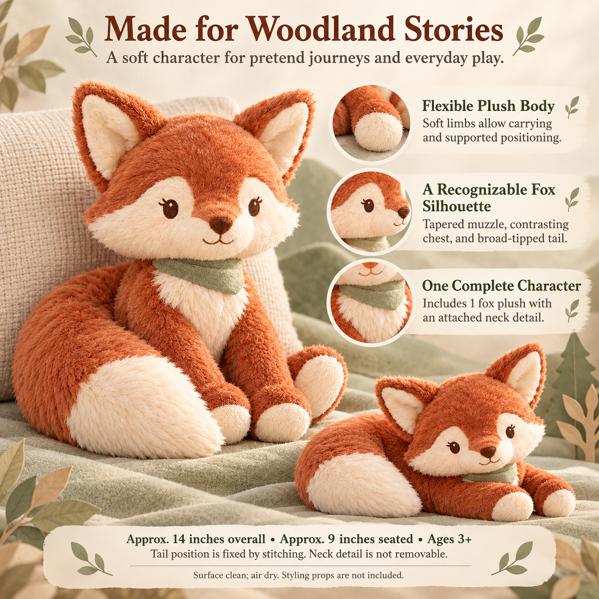 MIRQVORA™ Sorrell Fox Plush — 14-Inch Stuffed Animal with Curved Tail, Embroidered Features & Attached Neck Detail